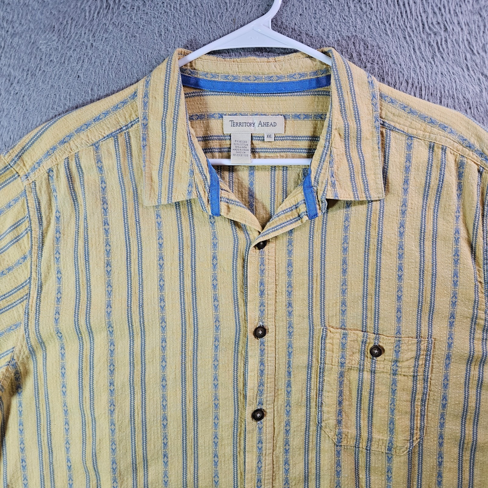 Territory Ahead Casual Shirt Men Xxl Button Up Short Sleeve Yellow Blue Striped